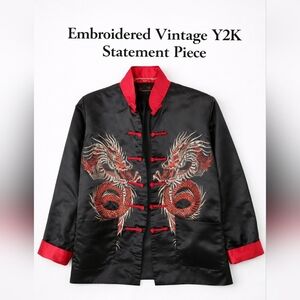 Dragon Embroidered Chinese Satin Jacket Black Red Y2K Streetwear Size Large